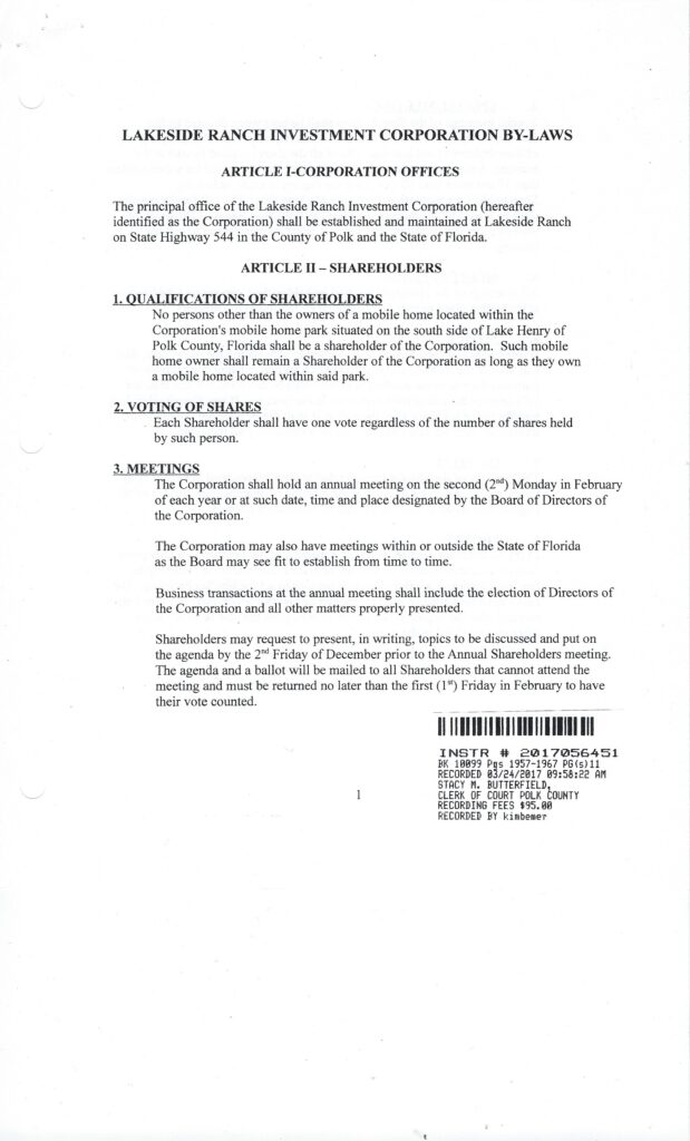 The black text document titled "Lakeside Ranch Investment Corporation By-Laws" outlines the qualifications for shareholders, voting of shares, and meeting regulations while highlighting exciting Lakeside Ranch activities for members to partake in between shareholder discussions.