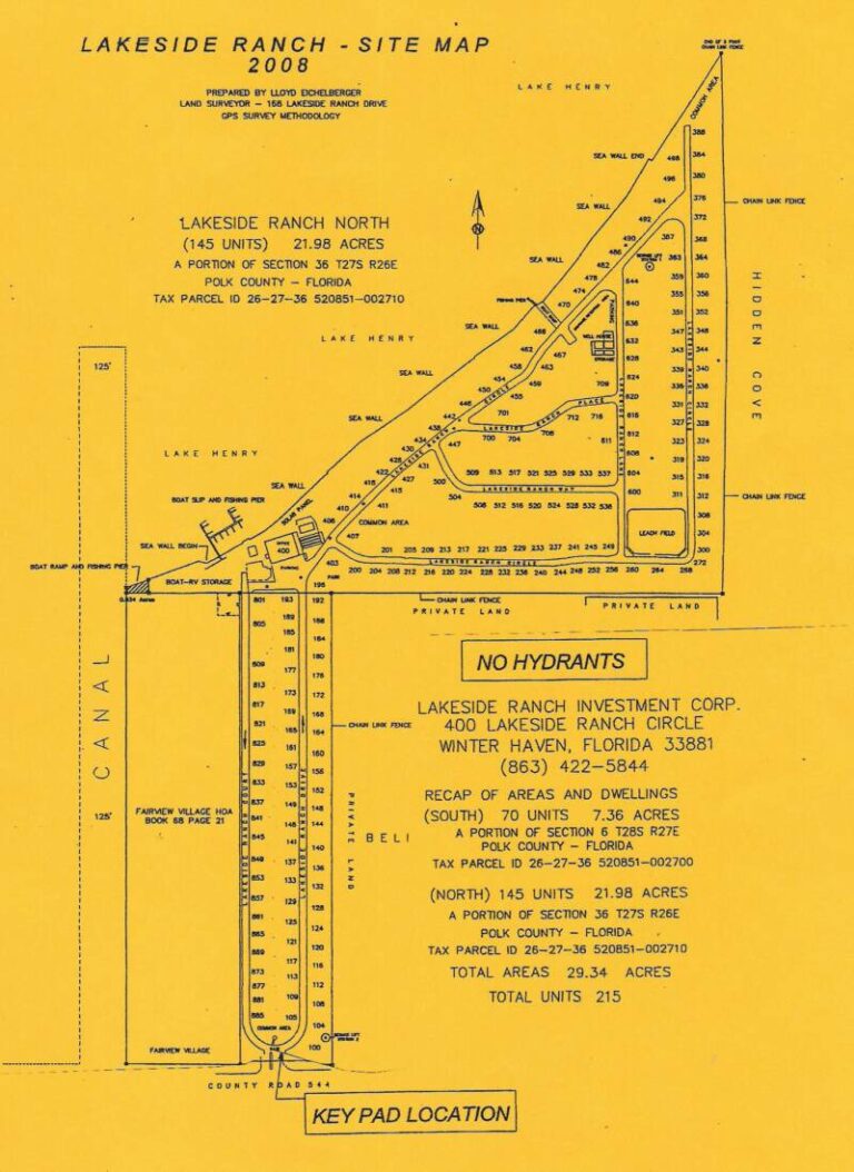 A yellow site map titled "Lakeside Ranch - Site Map 2008" showcases plots, roads, and key features of Lakeside Ranch in Winter Haven, Florida. It includes data on areas, total units, and highlights exciting lakeside ranch activities available to residents and visitors alike.